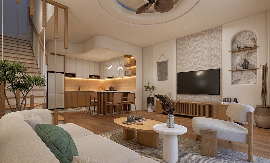 Modern Living & Kitchen in White and Light Wood