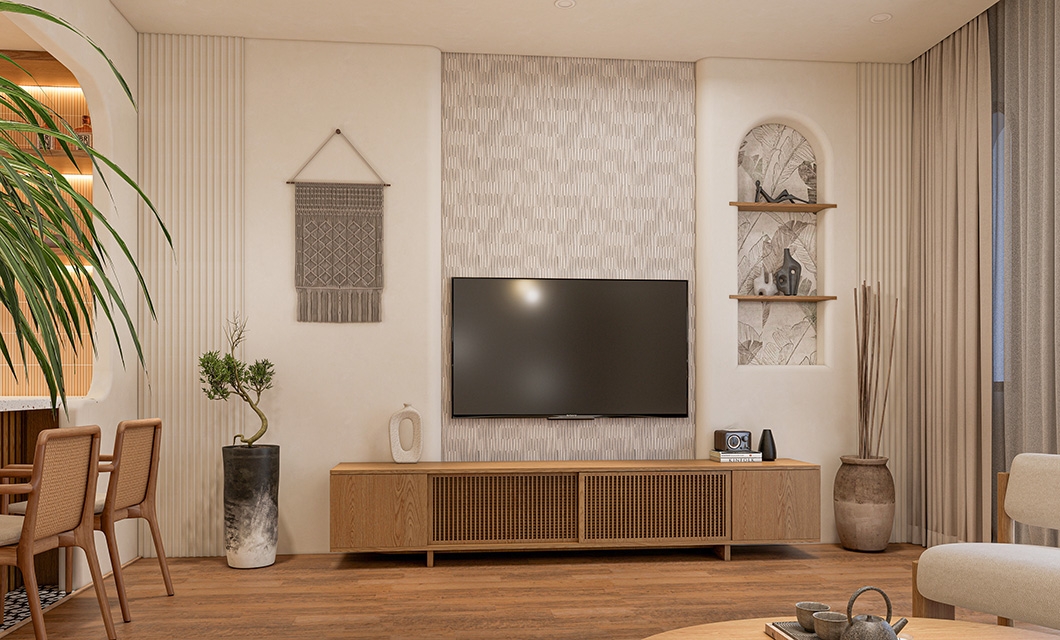 Modern Living & Kitchen in White and Light Wood