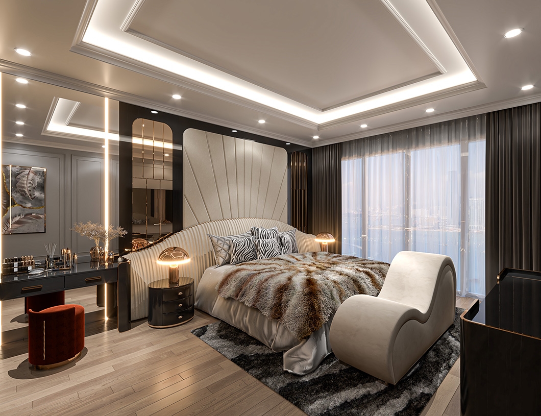 Elegant Hotel Bedroom with Golden Accents