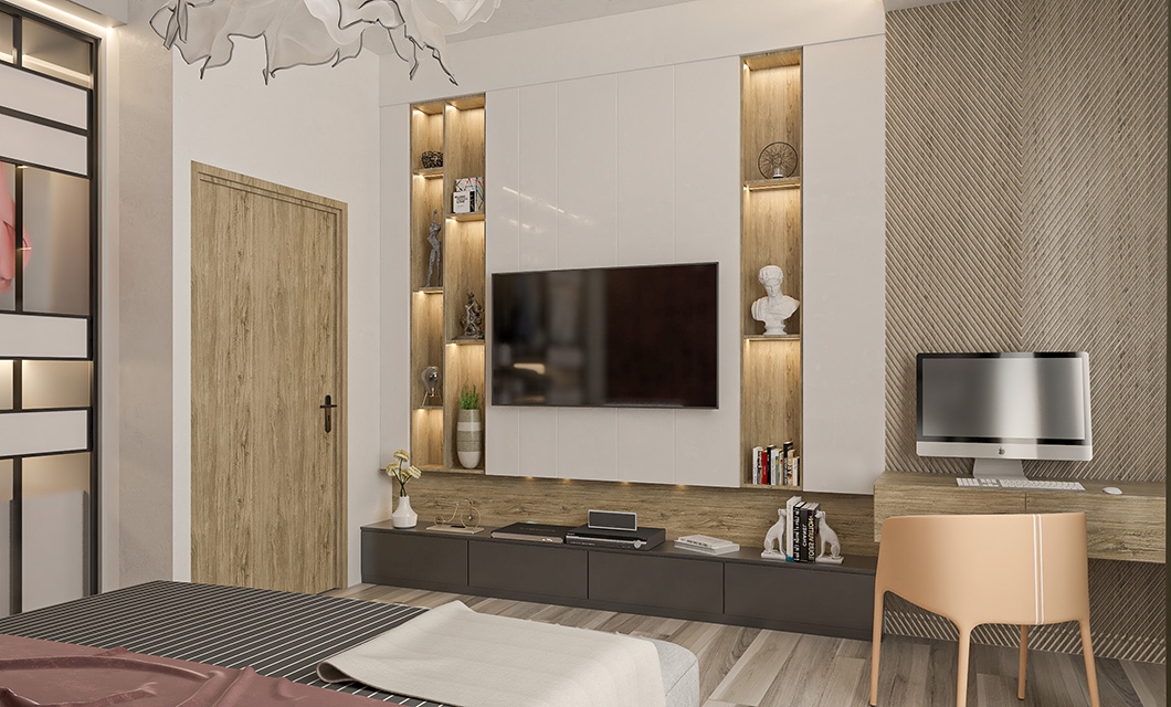Luxury Bedroom with Wooden Floor & TV Cabinet